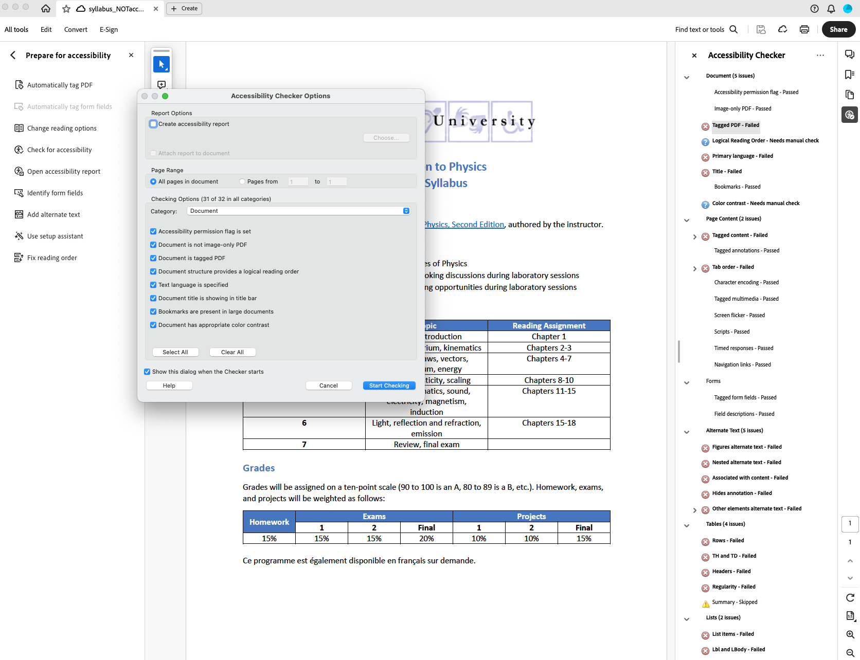 Screenshot of accessiability checker options within Adobe Acrobat Pro