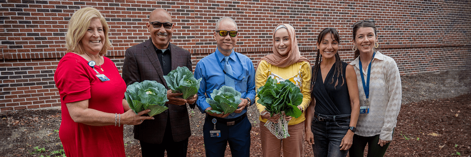 Graduate nutrition students recently donated fresh, campus-grown produce to the university’s student food pantry. Pictured from left: Gina Thurman, director of Student Advocacy; Dr. Lester Pretlow, dean of the College of Allied Health Sciences; Dr. Raymond Chong, chair of the Department of Interdisciplinary Health Sciences; Yasmine Boumenir, president of the Students of Nutrition in Allied Health Club (SNAHC); Tania Naber; vice president of SNAHC; and Sohailla Digsby, registered dietitian and AU nutrition instructor.