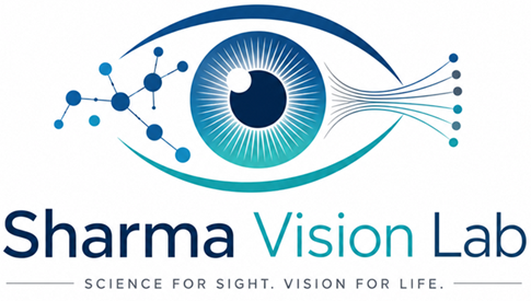 Logo with close up of eye. Writing states "Sharma Vision Lab. Science for sight. Vision for life."