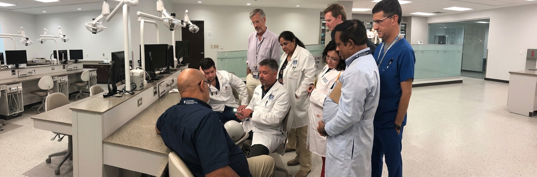 A group of dental professionals and students gathered around a central instructor in a modern clinical lab setting as he demonstrates a piece of medical equipment.