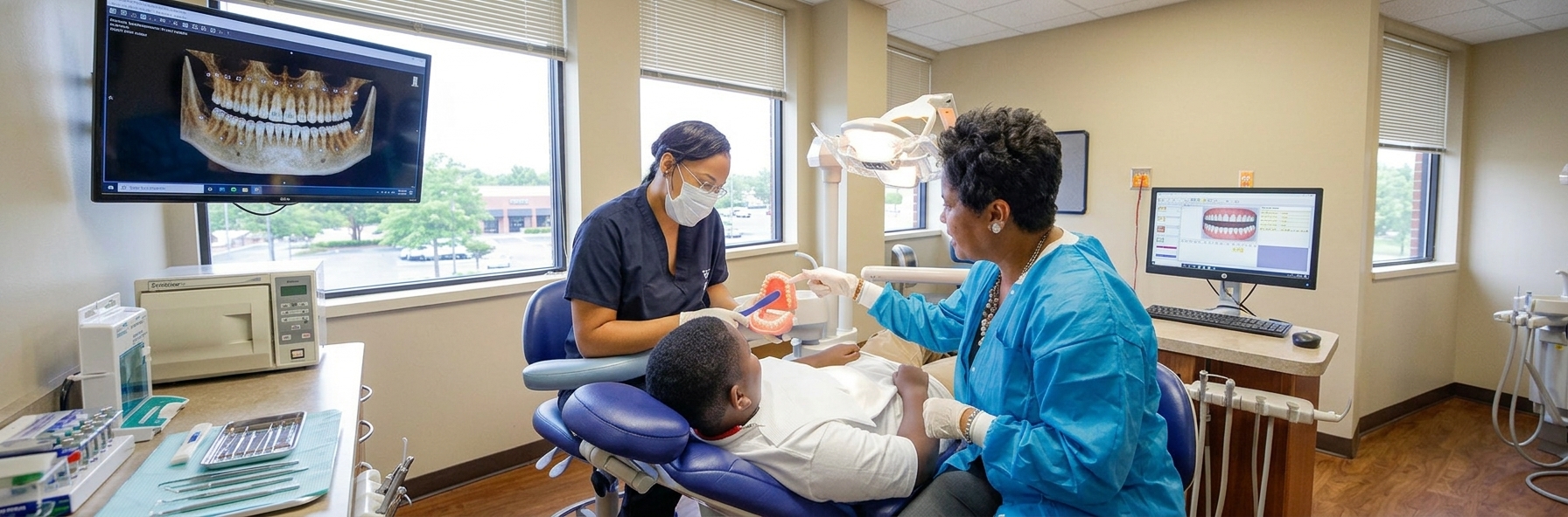 Two female dental employees working on a male patient