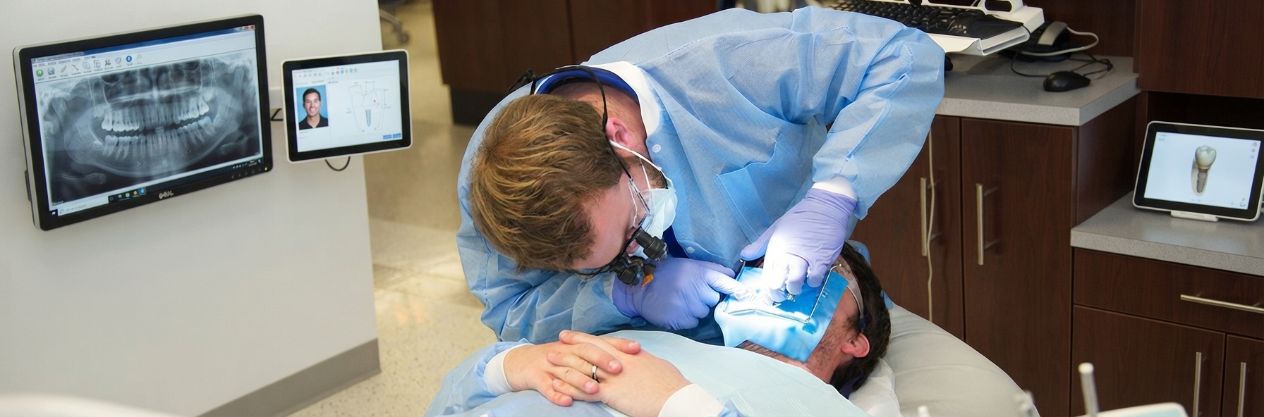 Dental student performing an examination on a patient.