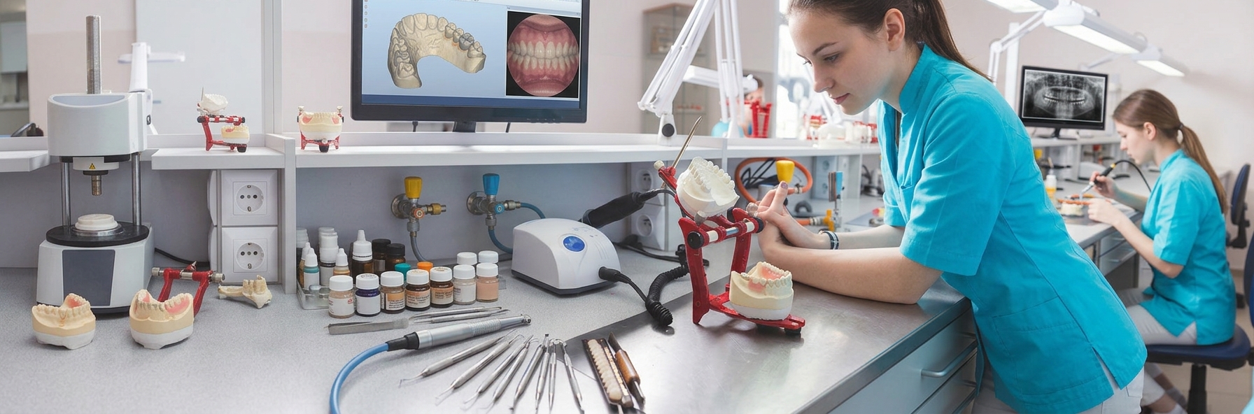 I have generated alt text options depending on how much detail you need: Short A female dental technician in blue scrubs leans over a workbench holding dental casts and tools in a brightly lit dental laboratory, with screens and a colleague working nearby.