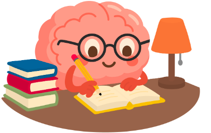 Brain wearing glasses sitting at a table looking over books