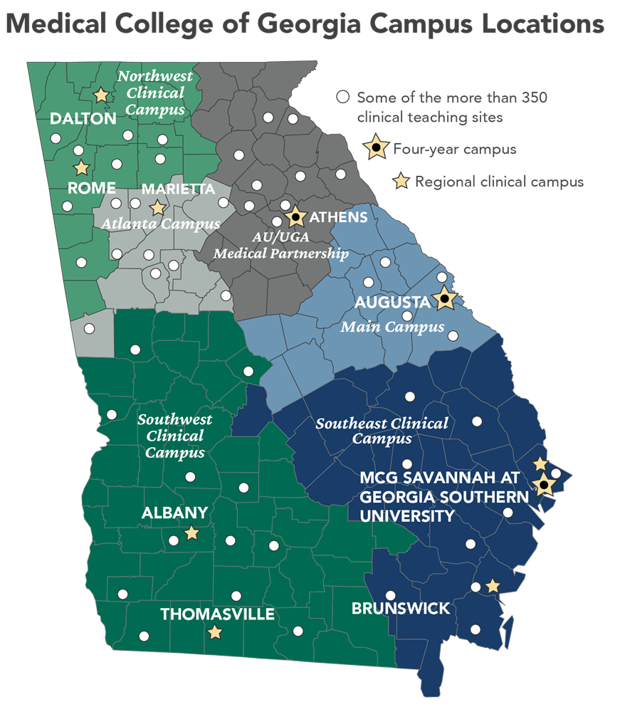 Medical College of Georgia- Campus Locations: Indicates Locations of some of the more 350 clinical teaching sites. MCG Dalton and MCG Rome (NorthWest Campus), Athens -Augusta University/UGA Medical Partnership,Augusta (main campus), MCG Brunswick & MCG Savannah at Georgia Southern University (Southeast Campus), MCG Albany (Southwest Campus)