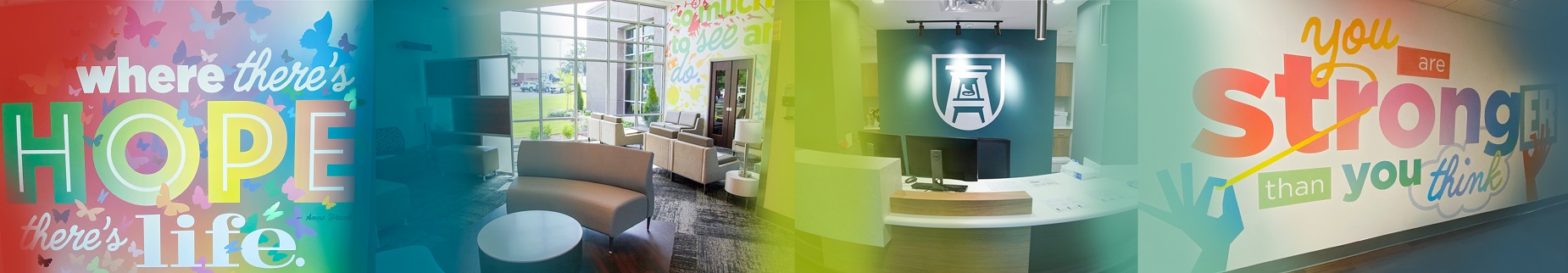 Promo made up of 4 images of the hallways of Ryan White Building: First one says: "Where there's HOPE there's life." Then an image of a waiting room and the front desk followed by a last image that says you are strongER than you think.