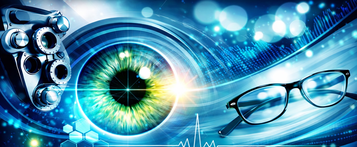 design image with ophthalmology equipment and eye and glasses