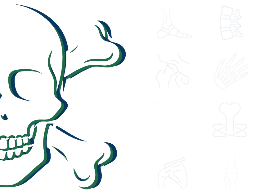 Image for Bare Bones Chronicle - Orthopaedics Surgery Link. Large green and blue Skull and Crossbones image next to smaller and various bones of the human bodybody icons