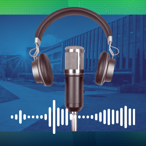 headphones and mic in front of a decorative harrison commons building background