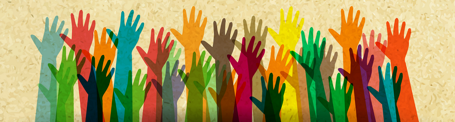 different colored hands reaching skyward representing diversity