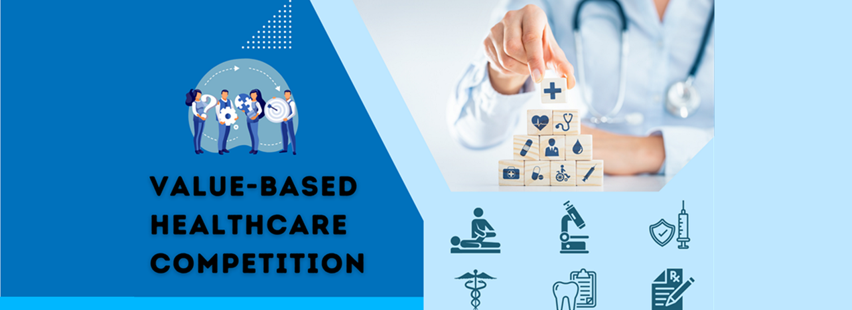 Value Based HealthCare competition text with medical icons in the background