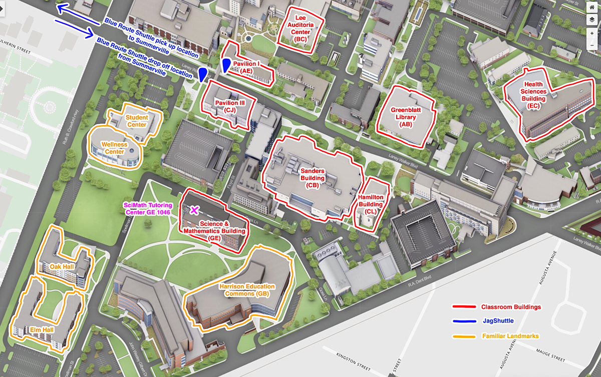 Map of classroom buildings used by the College of Science & Mathematics. Classroom buildings are outlined in red and include Science & Mathematics Building, Greenblatt Library, Health Sciences Building, Lee Auditoria Center, Pavilion I, and Pavilion III.
