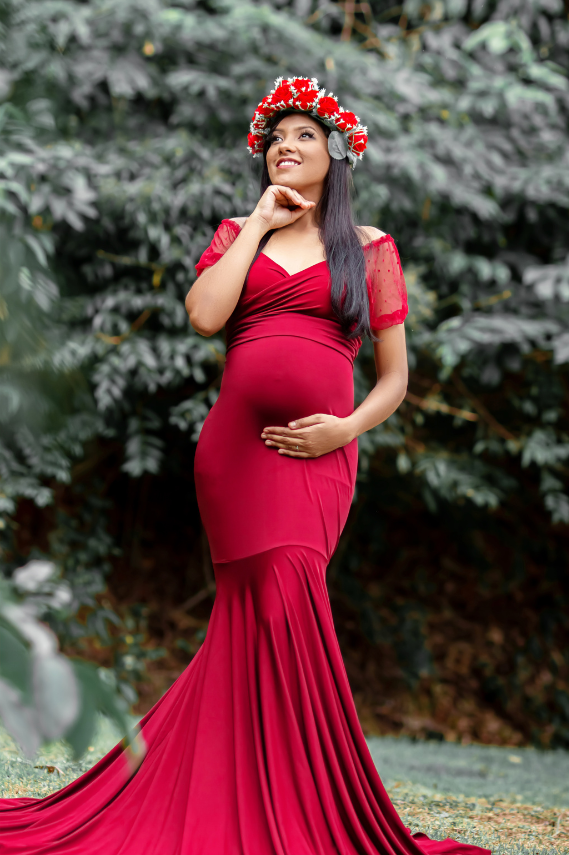 pregnant woman in red dress