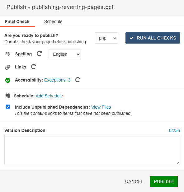 Screenshot showing publish dialog box in Modern Campus CMS