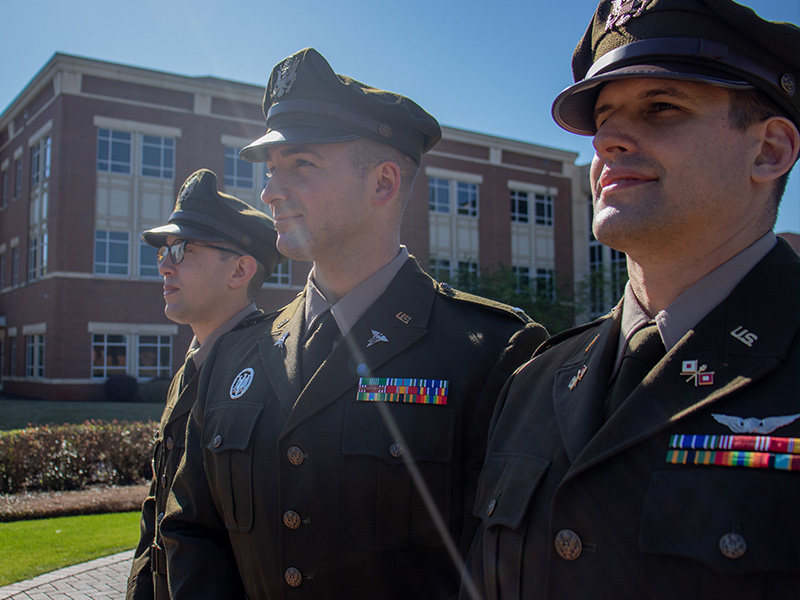 Cadets look forward in front of AU Fountain