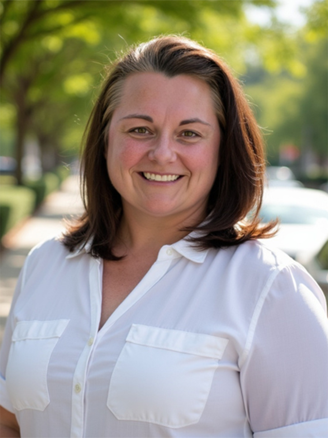 AI generated headshot image of woman in a white shirt on a sunny sidewalk with trees