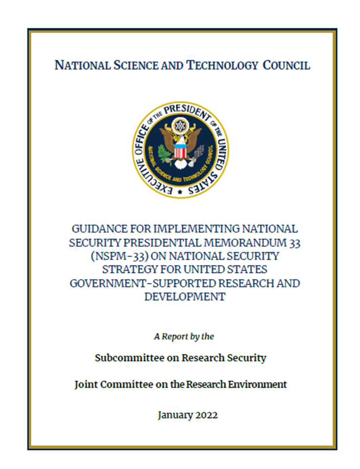 Cover for "Guidance for Implementing National Security Presidential Memorandum 33 on National Security Strategy for United States Government-Supported Research and Development
