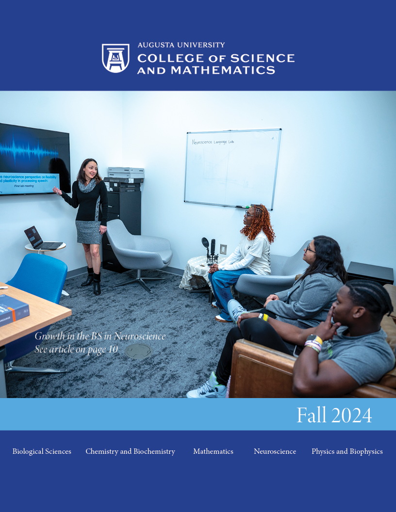 Fall 2024 Magazine Cover where a professor teaches in front of a whiteboard to a group of students