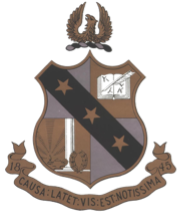 Brown and grey shield with black sash across middle