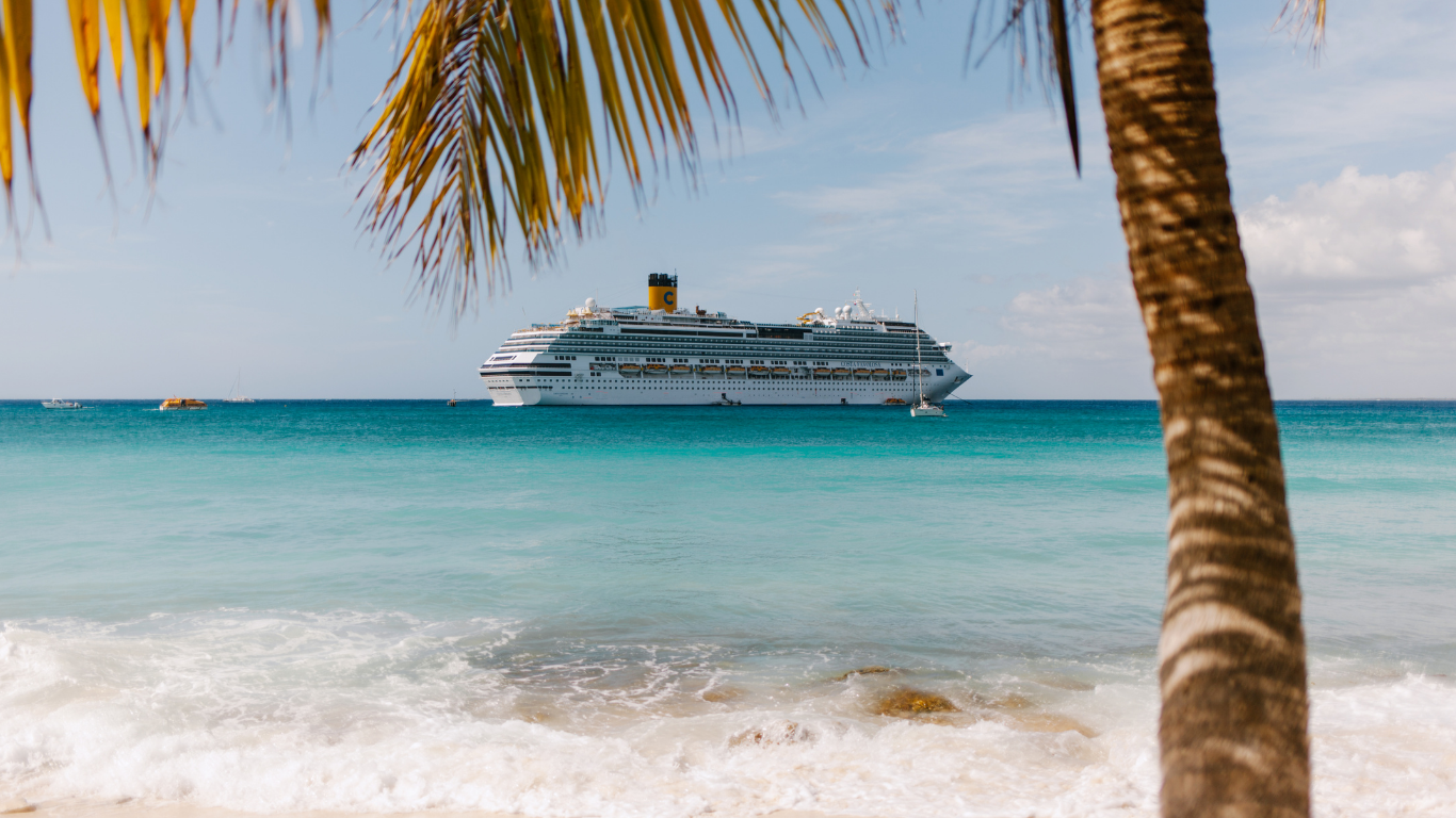 a cruise ship sits atop the water